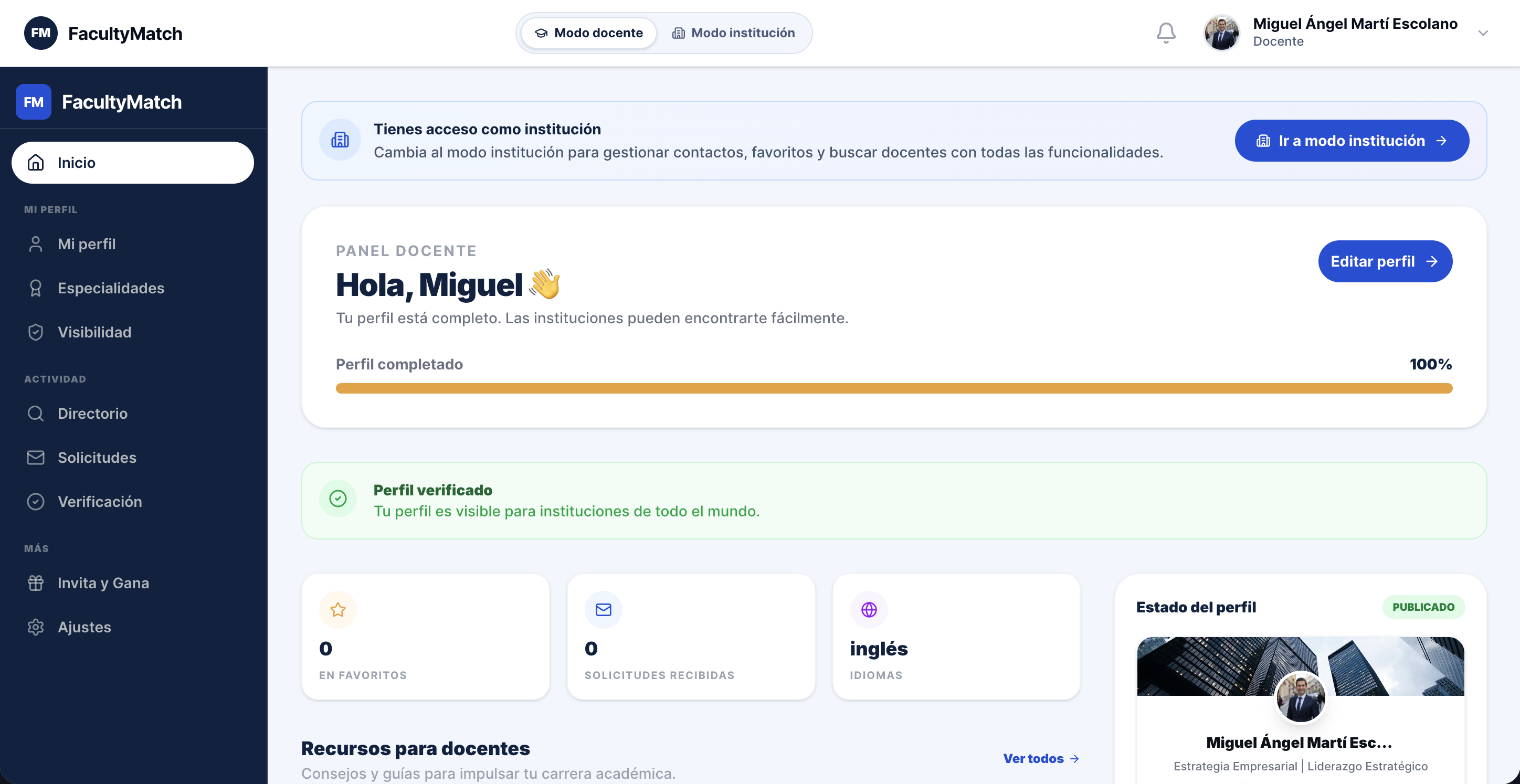 Panel de docente en FacultyMatch